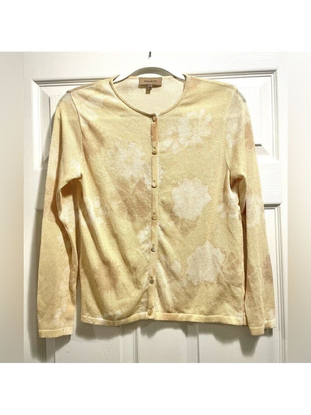 Nina Ricci Cardigan Button Up Yellow Floral lightweight Sweater Size Small